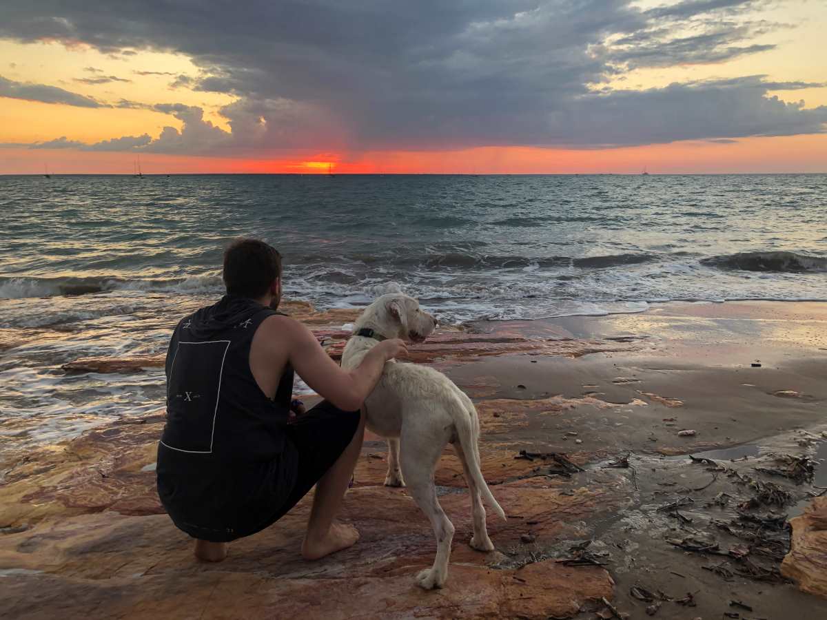 Man and dog watching sunset at East Point beach in Darwin Northern Territory