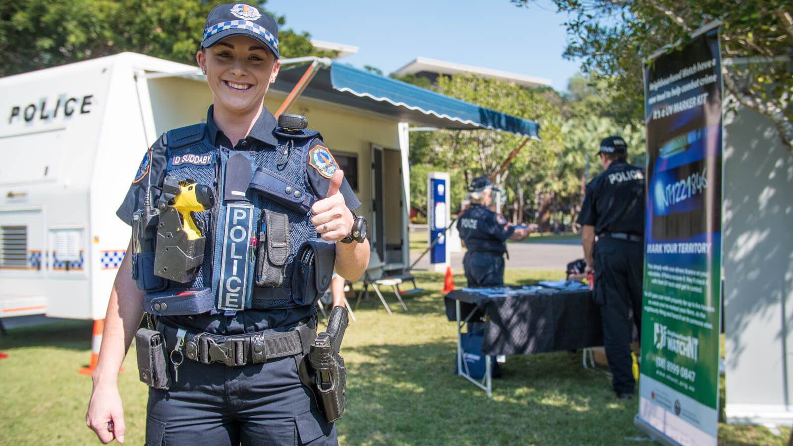 Police officers at a pop up police station