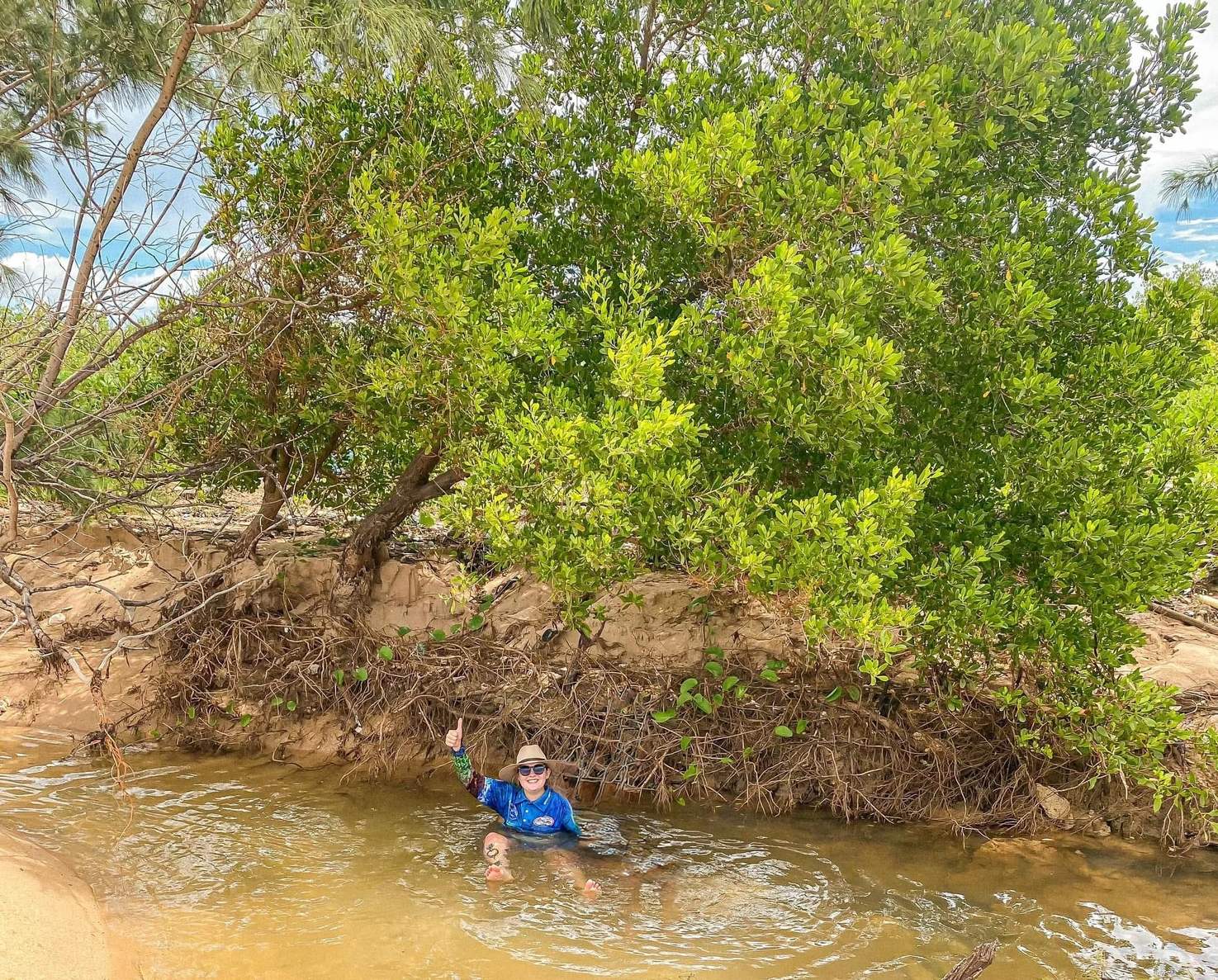 Person sitting in the water near the mangroves